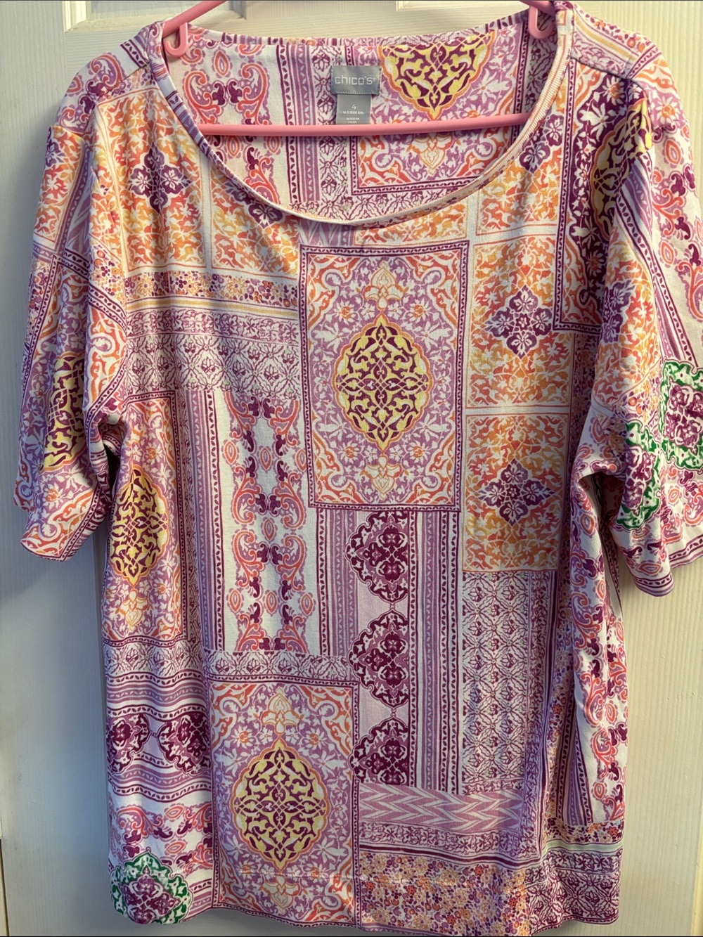 Chico's Pink, Purple & Yellow Patchwork Scoop Neck Tee